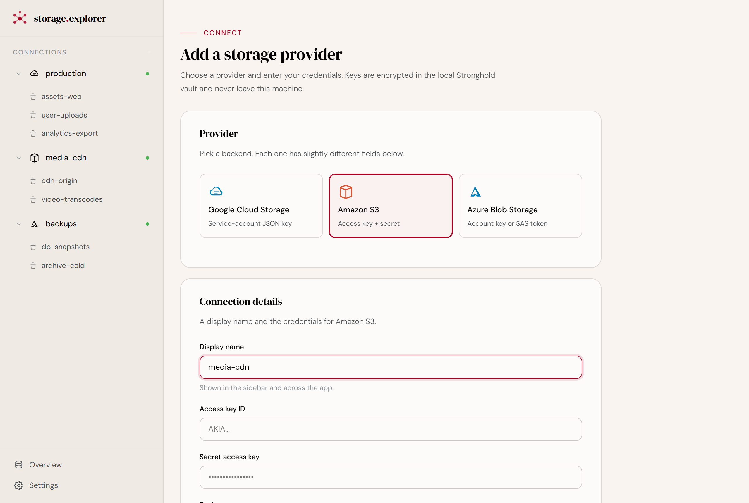 Adding a storage provider — choose S3, Google Cloud, or Azure and enter credentials