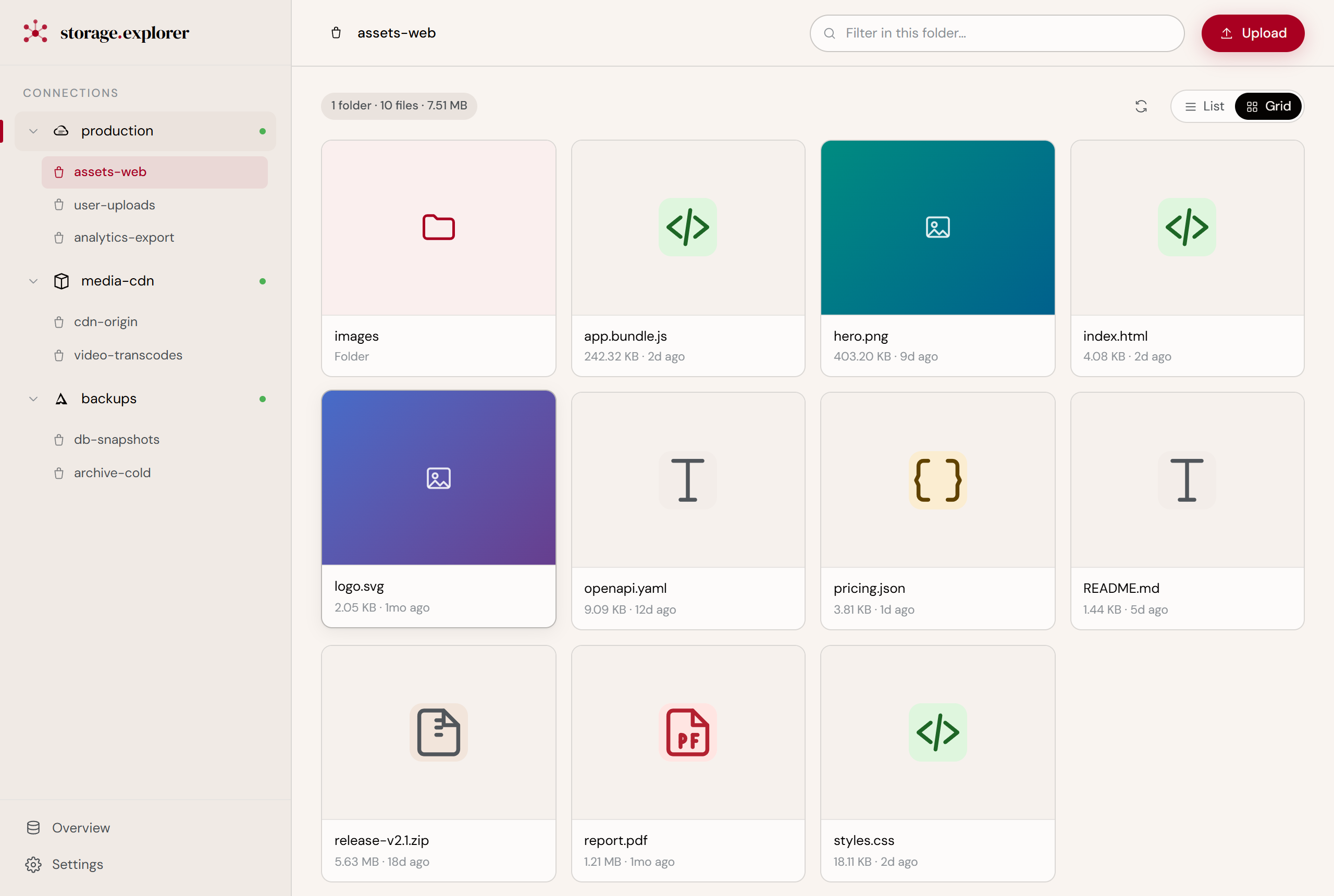 Storage Explorer browsing a bucket across Google Cloud, S3, and Azure connections